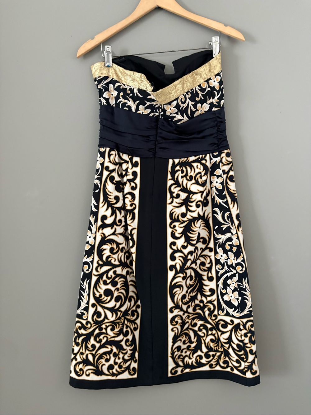 Strapless Black and Gold Print A-Line Dress